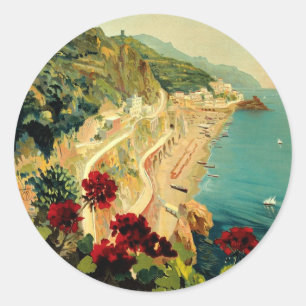 Sticker Rond Côte italienne d'Amalfi, affiche de voyage vintage