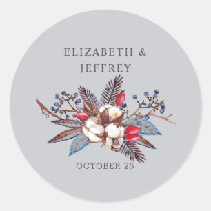 Sticker Rond Coton d'hiver Dusty Blue Red Berries Mariage