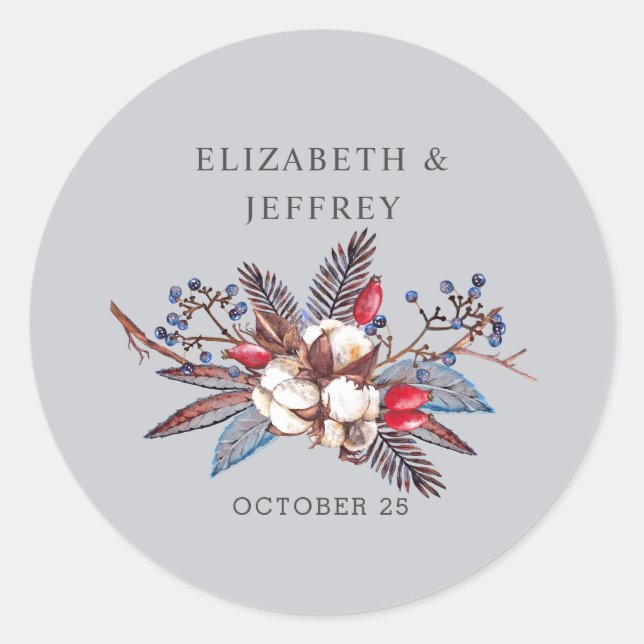 Sticker Rond Coton d'hiver Dusty Blue Red Berries Mariage (Devant)