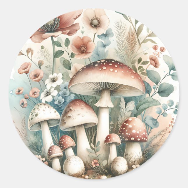 Sticker Rond Cottage | Champignons et fleurs vintages (Devant)
