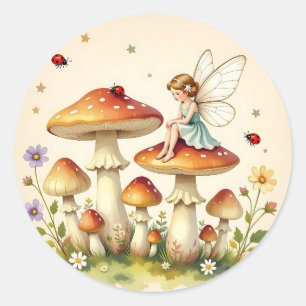 Sticker Rond Cottage Core Champignon Vintage Thème Conte de Fée