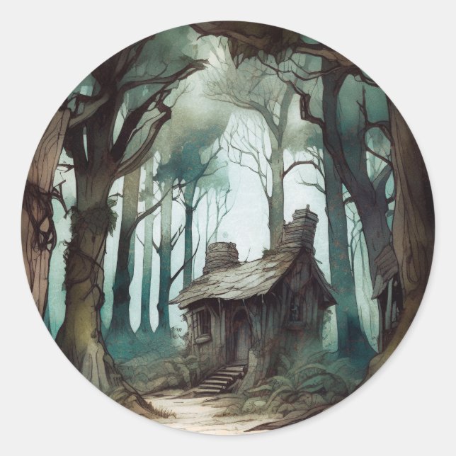 Sticker Rond Cottage forestier enchanté (Devant)