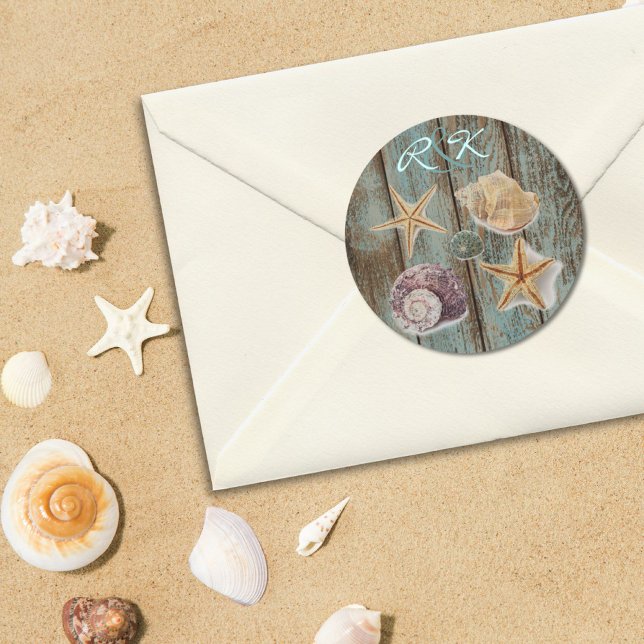 Sticker Rond cottage romantique élégant coquillages plage maria (elegant romantic cottage seashells beach wedding classic round sticker)