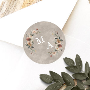 Sticker Rond Cottagecore Beige Floral Wreath Mariage Monogramme