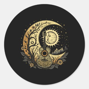 Sticker Rond Cottagecore Guitare Acoustique Avec Lune Soleil Et