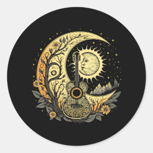 Sticker Rond Cottagecore Guitare Acoustique Avec Soleil Lune Et