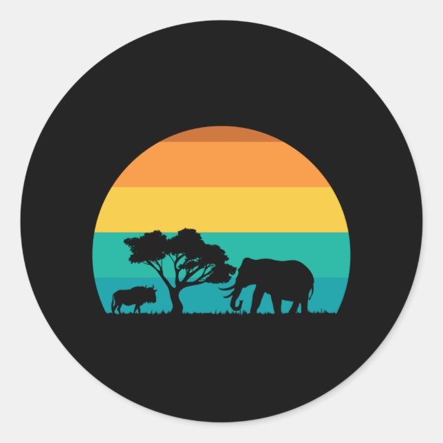 Sticker Rond Coucher De Soleil Africain Avec Elephant Et Gnu Re (Devant)