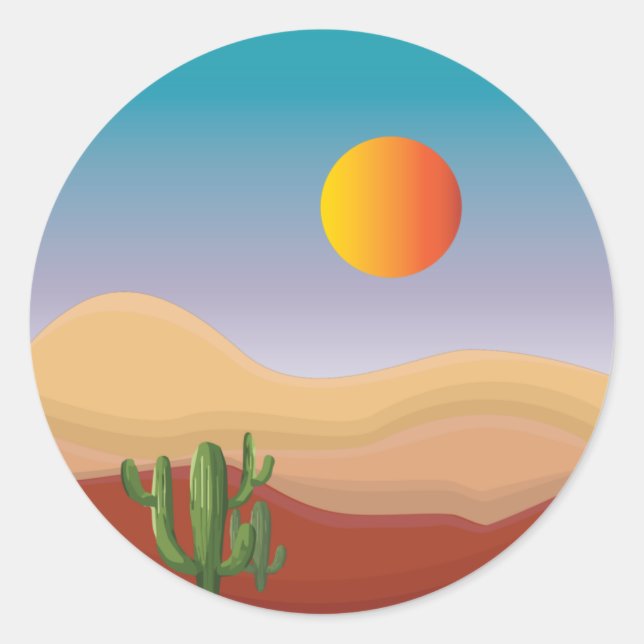 Sticker Rond coucher de soleil de dune avec plante cactus (Devant)