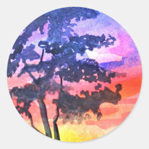 Sticker Rond Coucher de soleil Dream paysage aquarelle art