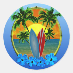 Sticker Rond Coucher De Soleil Et Planches De Surf