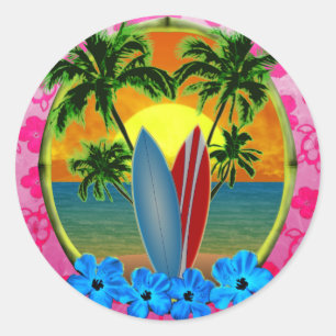 Sticker Rond Coucher De Soleil Et Planches De Surf