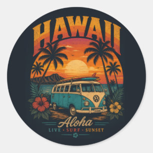Sticker Rond Coucher de soleil hawaïen vintage Palmiers Planche