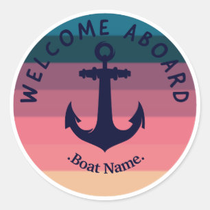 Sticker Rond Coucher de soleil nautiste. Ancre. Bienvenue à bor