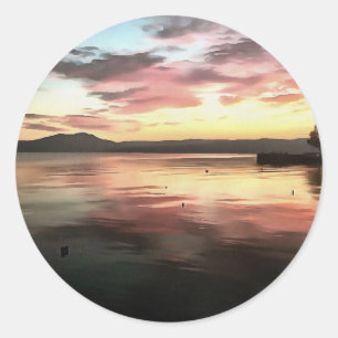 Sticker Rond Coucher De Soleil Reflété Sur L'Eau Tableau Du Lac