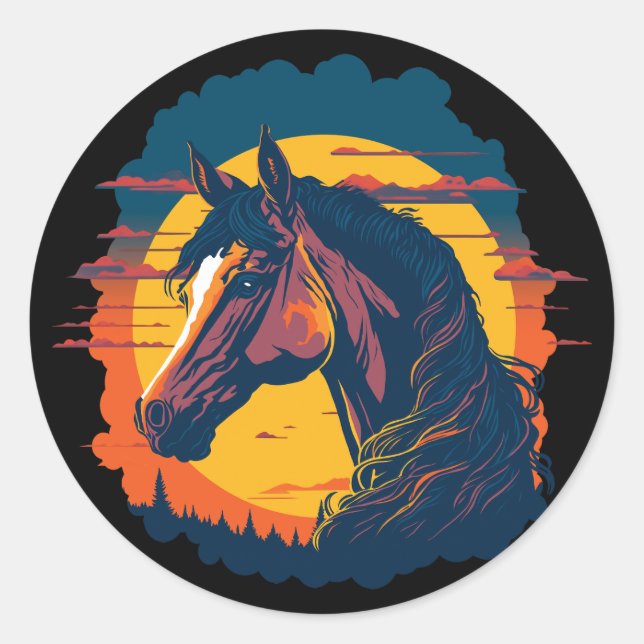 Sticker Rond Coucher De Soleil Rétro Et Tête De Cheval (Devant)