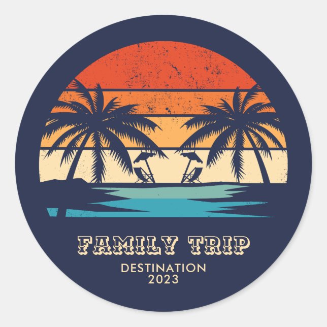 Sticker Rond Coucher de soleil Rétro Voyage famille Plage Palm  (Devant)