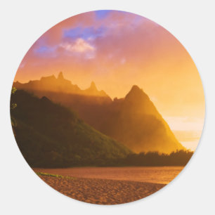 Sticker Rond Coucher de soleil sur la plage dorée, Hawaï