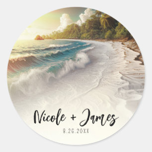 Sticker Rond Coucher de soleil sur la plage paradisiaque, maria