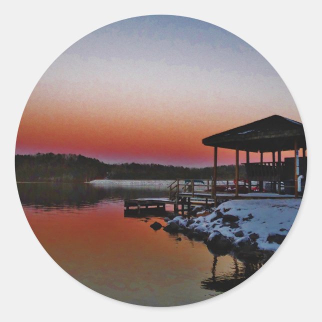 Sticker Rond Coucher de soleil sur le quai du lac Arrowhead (Devant)