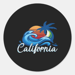 Sticker Rond Coucher de soleil tropical Cali Beach Waves Surfin