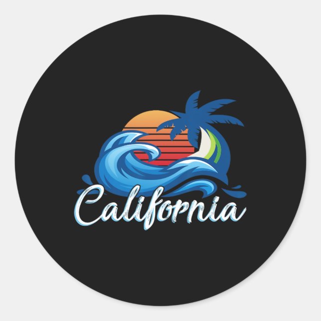 Sticker Rond Coucher de soleil tropical Cali Beach Waves Surfin (Devant)