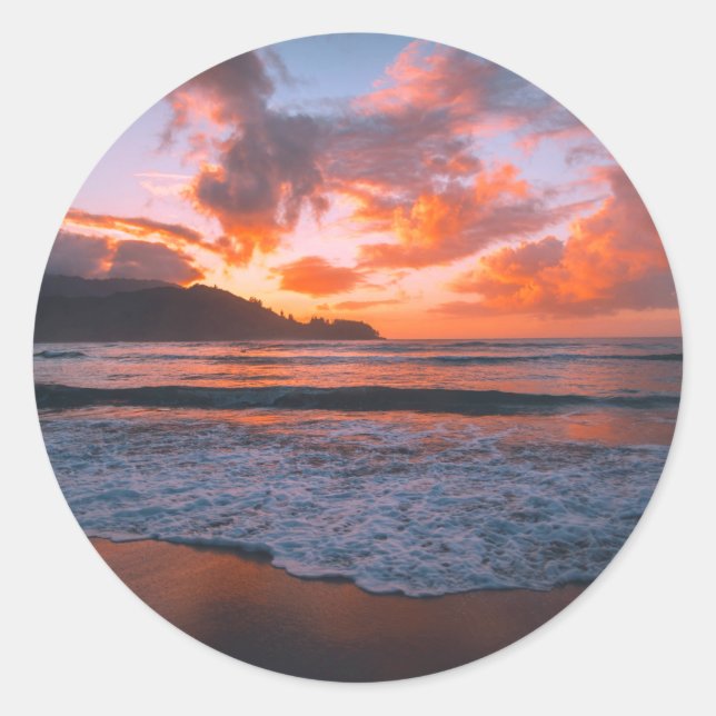 Sticker Rond Coucher de soleil tropical Hawaï (Devant)