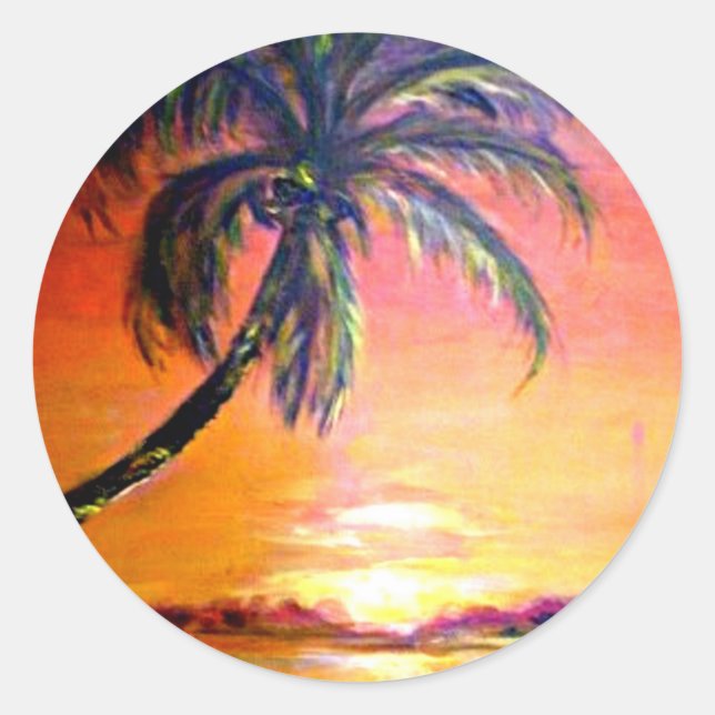 Sticker Rond Coucher de soleil tropical, peinture d'art, (Devant)