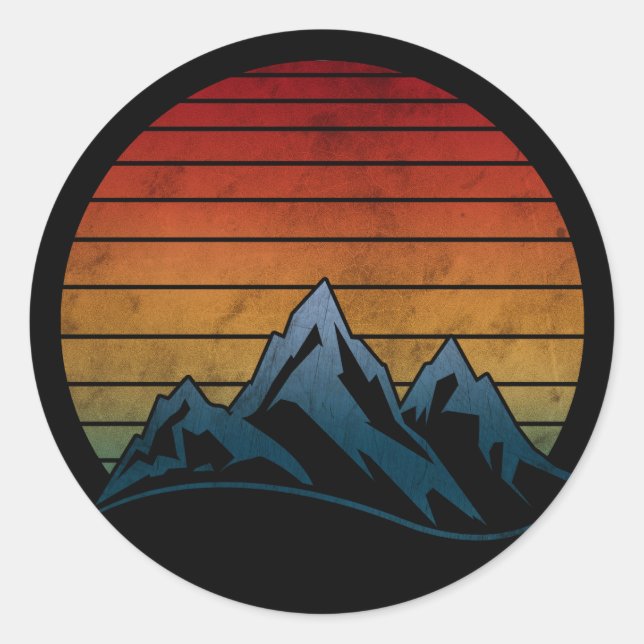 STICKER ROND COUCHER DE SOLEIL VINTAGE MONTAGNE (Devant)