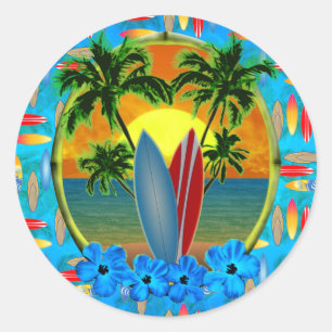 Sticker Rond Coucher du soleil et planches de surf