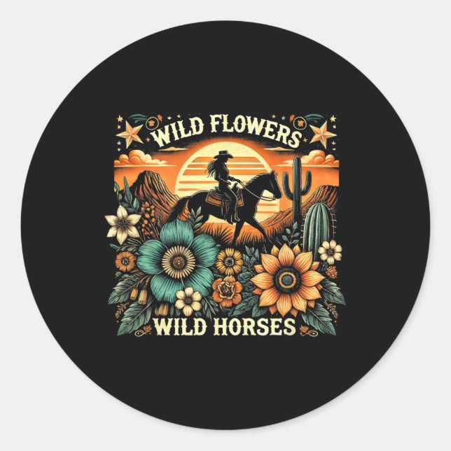 Sticker Rond Coucher du soleil fille équitation Cheval Fleurs s (Devant)