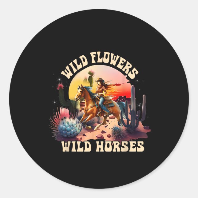 Sticker Rond Coucher du soleil fille équitation Cheval Fleurs s (Devant)