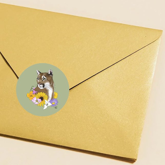 Sticker Rond Cougar Mountain Lion Puma Fleurs (Créateur téléchargé)