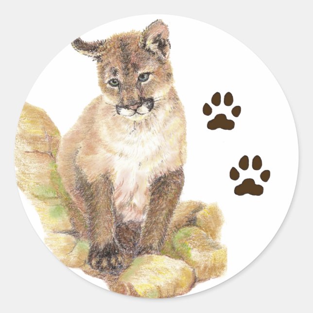 Sticker Rond Cougar, Puma, Mountain Lion Animal Cub Traces (Devant)