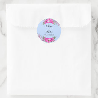 Sticker Rond Couleur bleu pâle avec jardin de fleurs roses élég