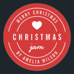 Sticker Rond Couleur de fond modifiable Merry Christmas Jam<br><div class="desc">Autocollant « Merry Christmas Jam » en caractères gras modernes arrondis,  avec un cœur et une double bordure blanche sur un fond de couleur modifiable (cliquez sur Personnaliser et modifiez la couleur de fond). Il est parfait pour étiqueter ce que vous avez fait.</div>
