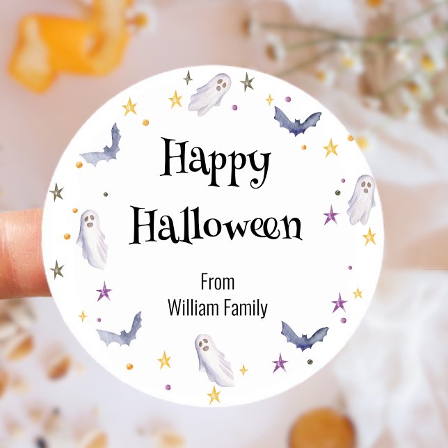 Sticker Rond Couleur d'eau douce Fantôme Halloween heureux (Cute Watercolor Ghost Happy Halloween Classic Round Sticker)
