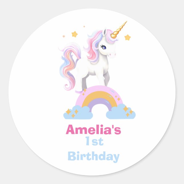 Sticker Rond Couleur d'eau douce personnalisée Rainbow Unicorn  (Devant)