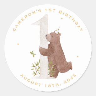 Sticker Rond Couleur d'eau mignonne Ours Woodland Première fête