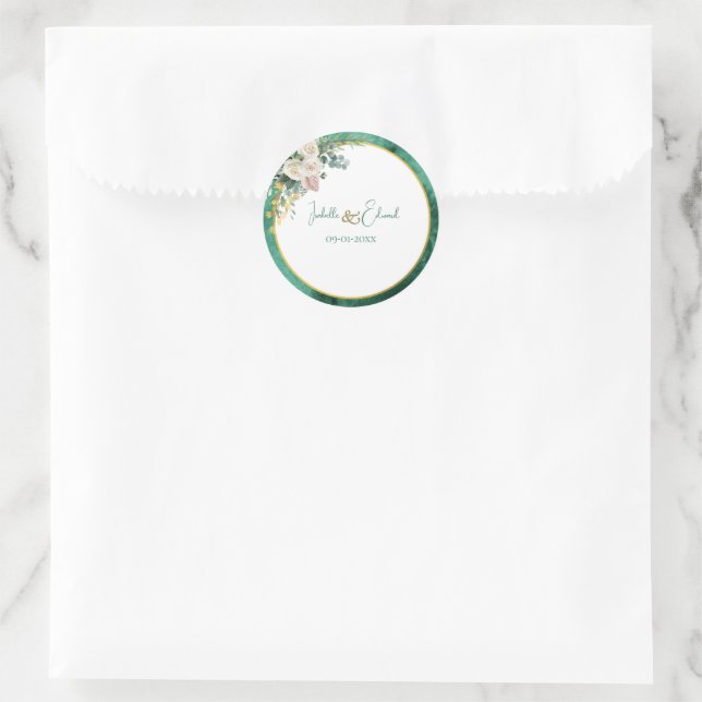 Sticker Rond Couleur émeraude moderne lavage blush floral (Sac)