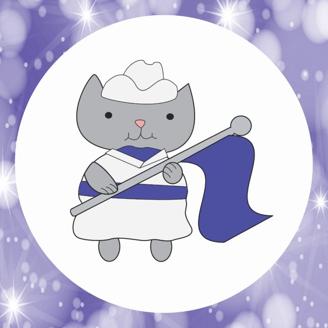 Sticker Rond Couleur Garde Cat Bleu Blanc (A cute sticker with a gray cat dressed in a blue and white color guard outfit.)