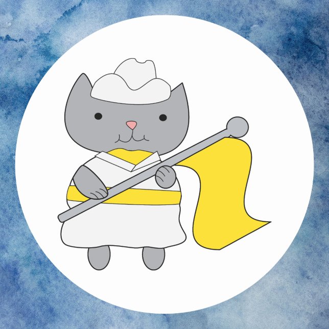 Sticker Rond Couleur Garde Cute Chat Jaune et Blanc (A sticker featuring a cat wearing a yellow and white marching band uniform.)