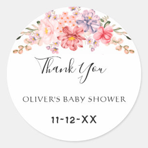 Sticker Rond Couleur Rose Poussiéreuse Fleurs Baby Shower Merci