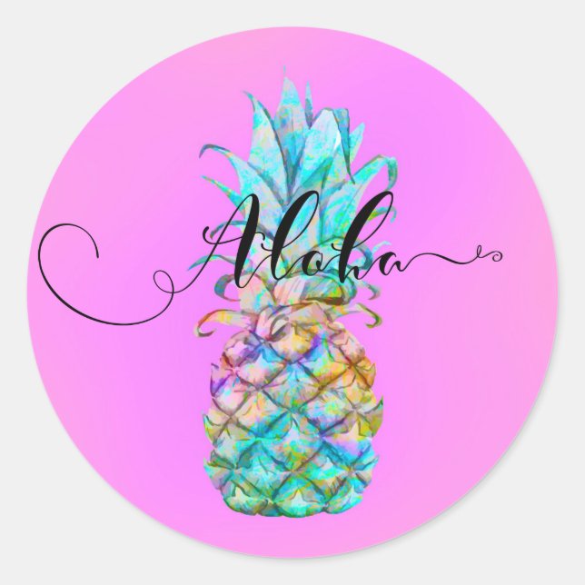 Sticker Rond Couleur Tropicale Rose Éclaboussure de Ananas Luau (Devant)