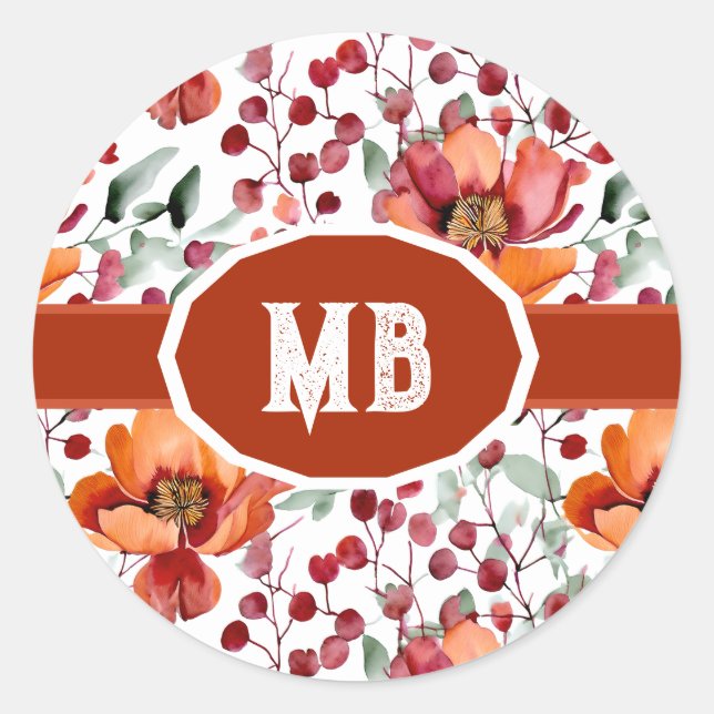 Sticker Rond Couleurs Terreuses, Fleurs d'Automne Monogrammées (Devant)