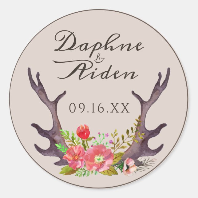 Sticker Rond Country Deer Antlers Floral Nom du Mariage Date (Devant)