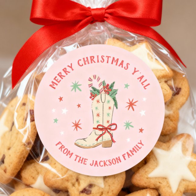 Sticker Rond Country Merry Christmas Y'all Cowboy Boot Gift (Merry Christmas y'all stickers with festive cowboy foot illustration)