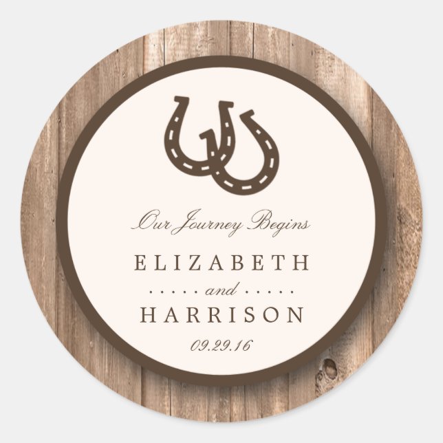 Sticker Rond Country Rustic Horseshoe & Brown Wood Mariage (Devant)