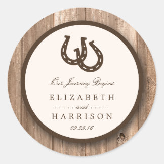 Sticker Rond Country Rustic Horseshoe & Brown Wood Mariage