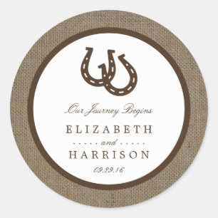 Sticker Rond Country Rustic Horseshoe Sur Burlap Mariage
