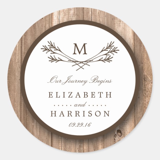 Sticker Rond Country Rustic Monogram Branche & Mariage bois (Devant)